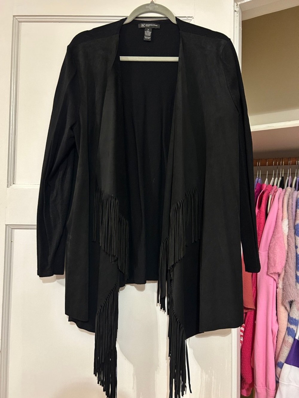 INC International Concepts Black Fringe Open-Front Leather-Look Jacket